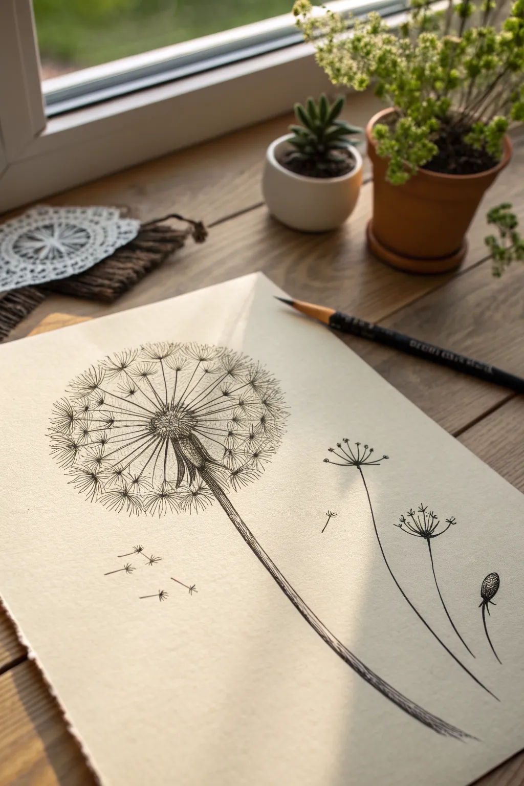 Minimal dandelion puff doodle with drifting seeds, airy lines and calm Scandinavian contrast