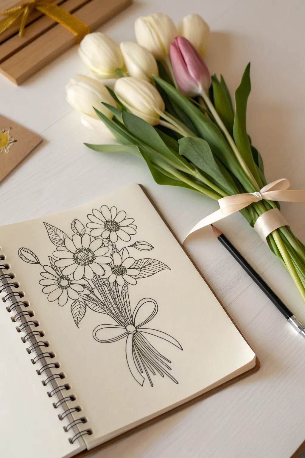 Small bouquet sketch idea: 3–5 simple blooms tied with a ribbon bow, minimalist and sweet