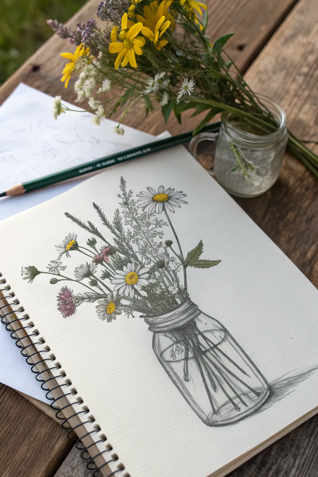 Capture rustic charm with this simple yet stunning wildflower mason jar sketch idea.