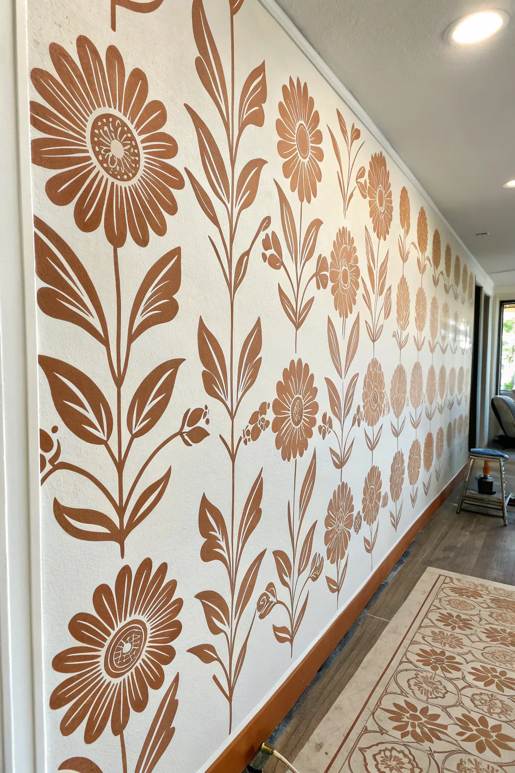 Stencil-layered florals with crisp repeats and soft boho tones for a clean, modern mural look.