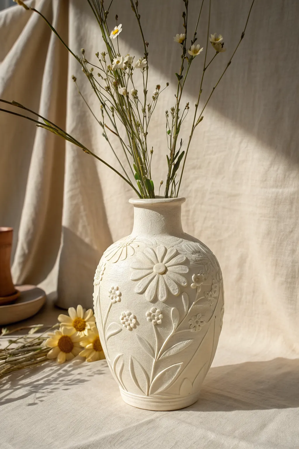 Feelable floral relief: raised slip-trailed petals on a minimalist vase with soft side light