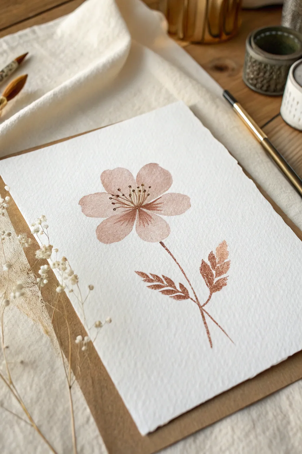 Metallic-tipped petals make this minimal stamped flower print glow on clean white paper.