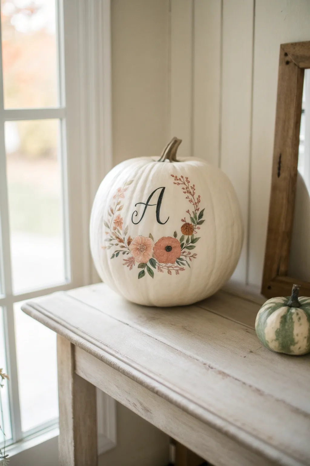 Cream pumpkin with a delicate floral wreath and monogram for elegant minimalist fall decor.