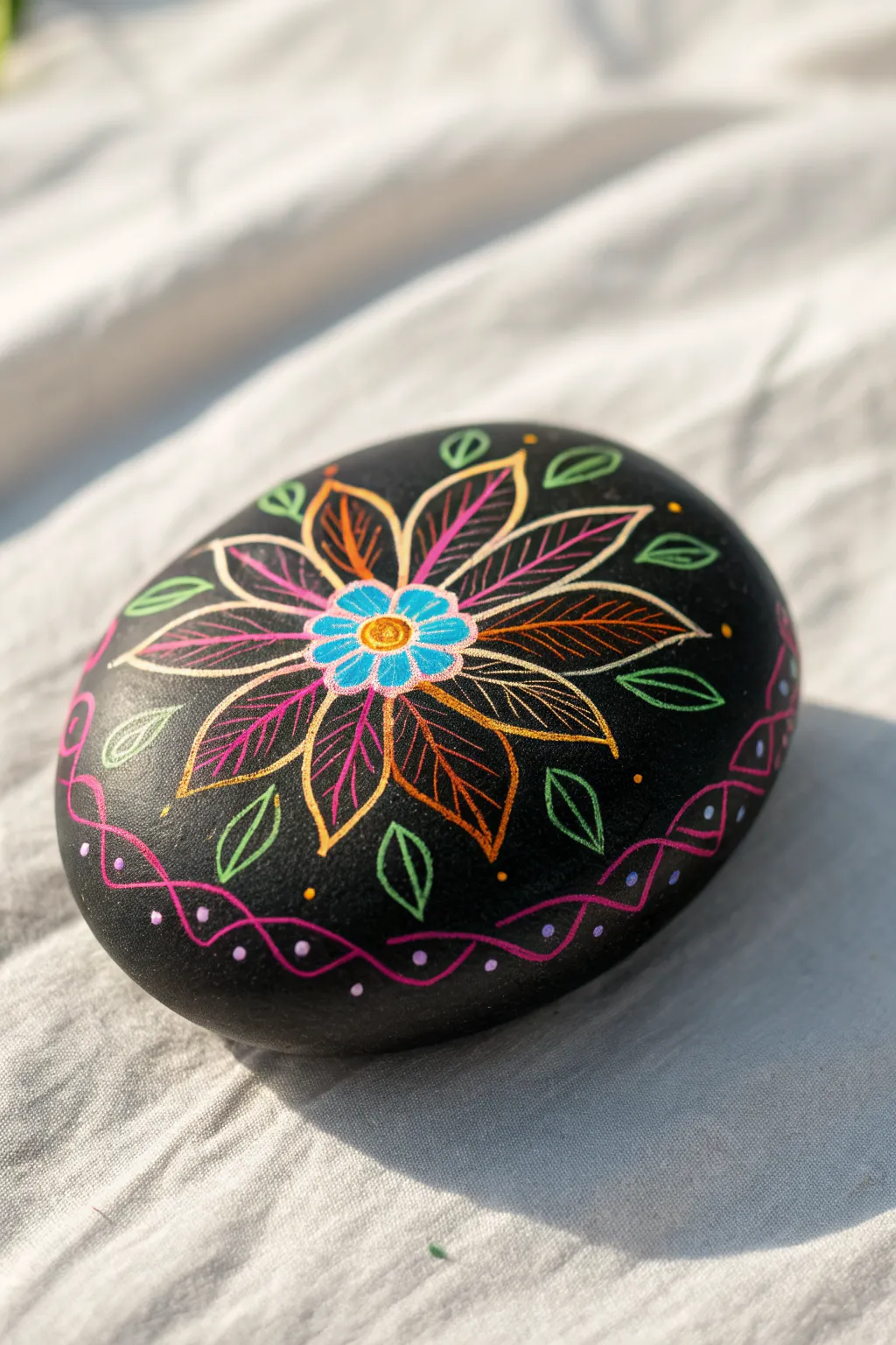 Matte black rock with bright floral paint-pen line art for a minimalist Scandinavian boho look