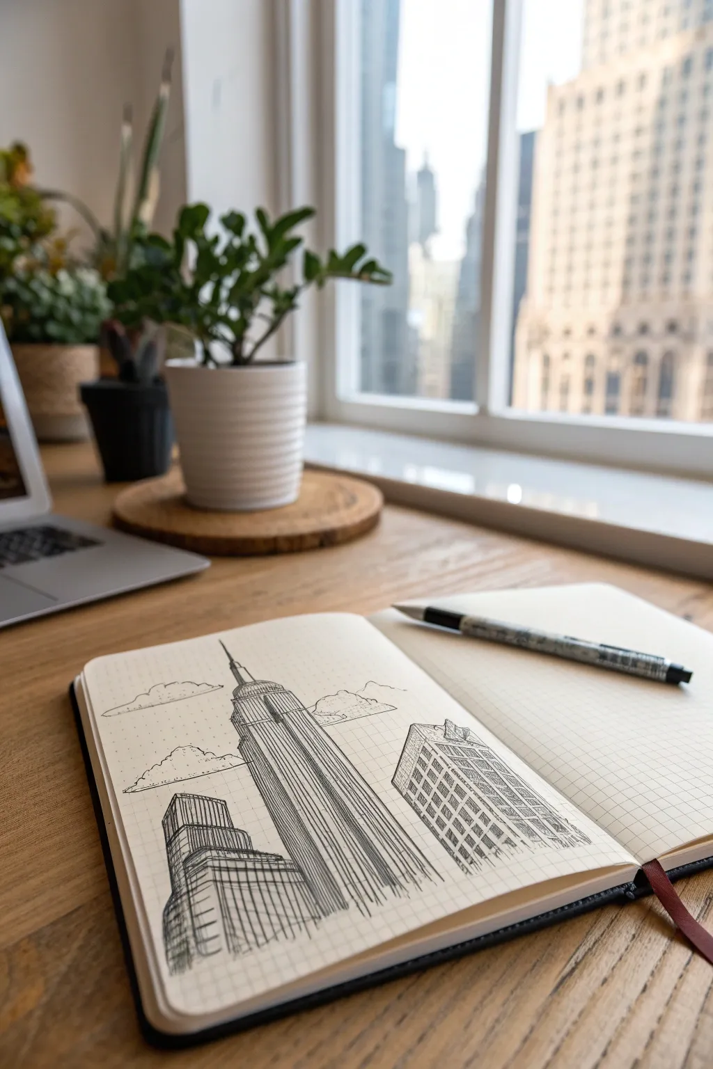 Worms-eye city lines converge to a bright sky gap, a simple focal point drawing study.