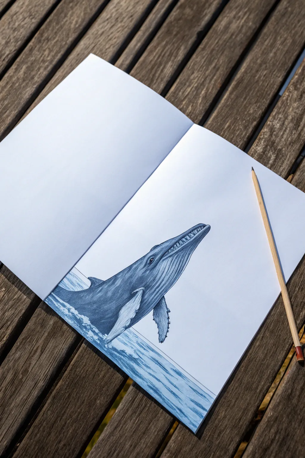 Folded whale drawing that unfolds into a deep-sea mouth cavern, bold contrast and calm vibes