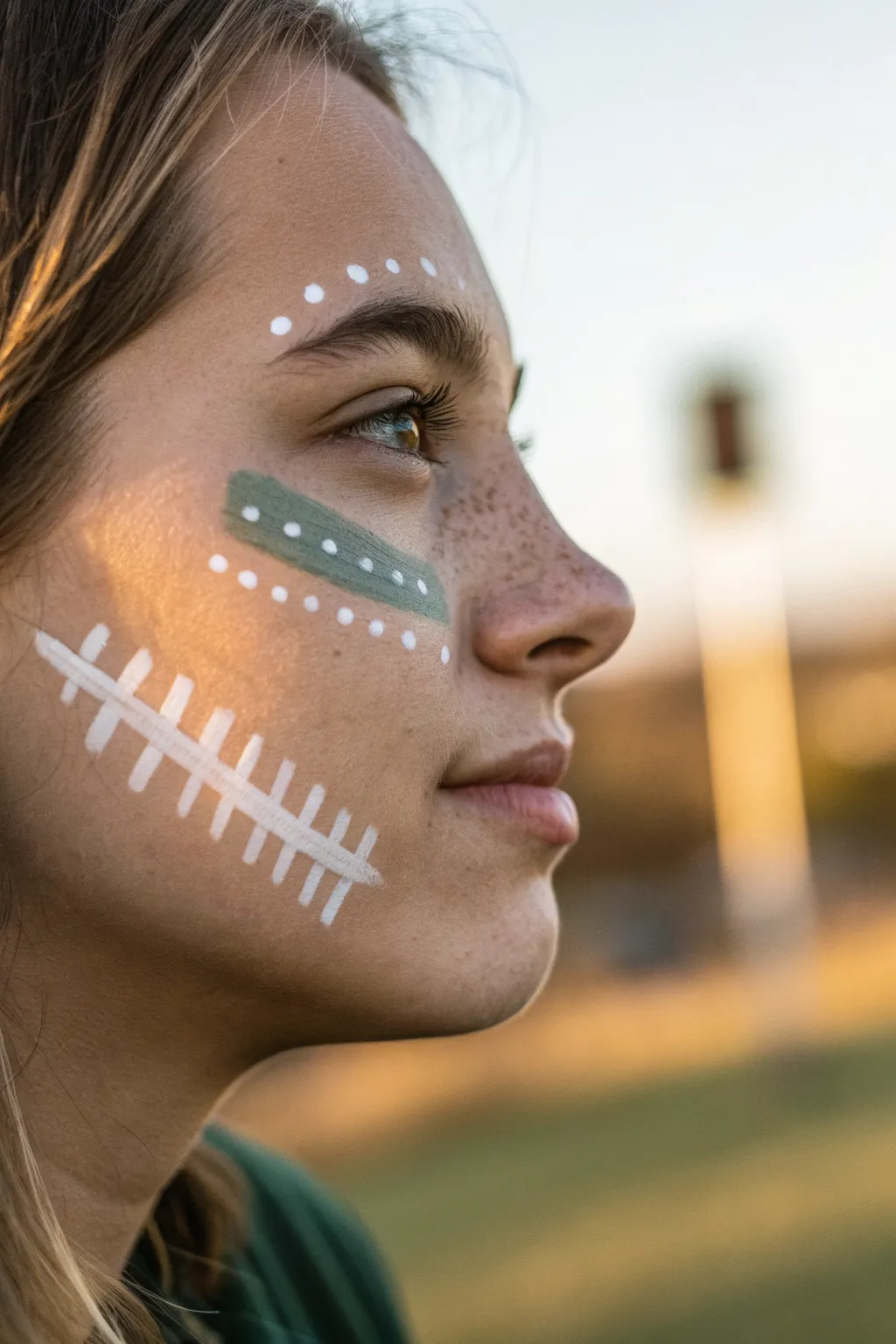 Minimal dotted yard-line cheek paint with a bold end-zone block, sunlit and game-day ready