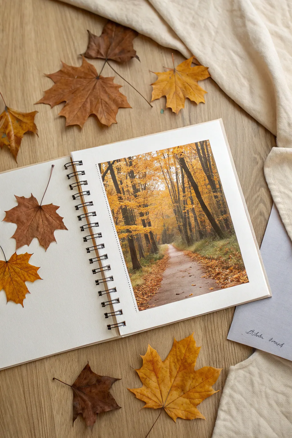 Autumn forest sketch with crunchy leaf shapes, warm hues, and calm Scandinavian boho vibes