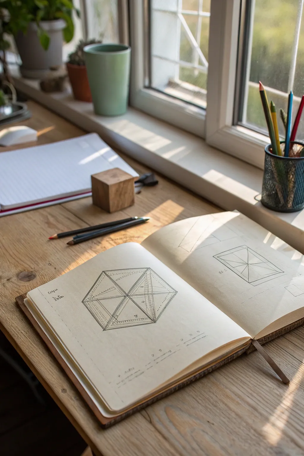 Cube and cylinder intersection study with light construction lines beside a darker final pass