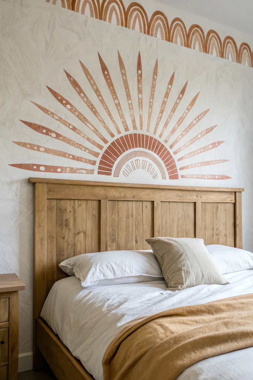 Sunburst halo mural behind a simple headboard adds a freehand DIY statement wall with boho warmth.