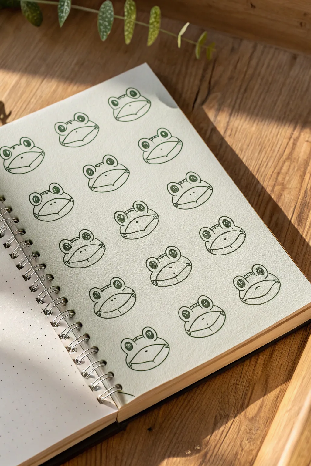 Minimalist frog expressions sheet in ink and soft sage wash for calm Scandinavian boho vibes