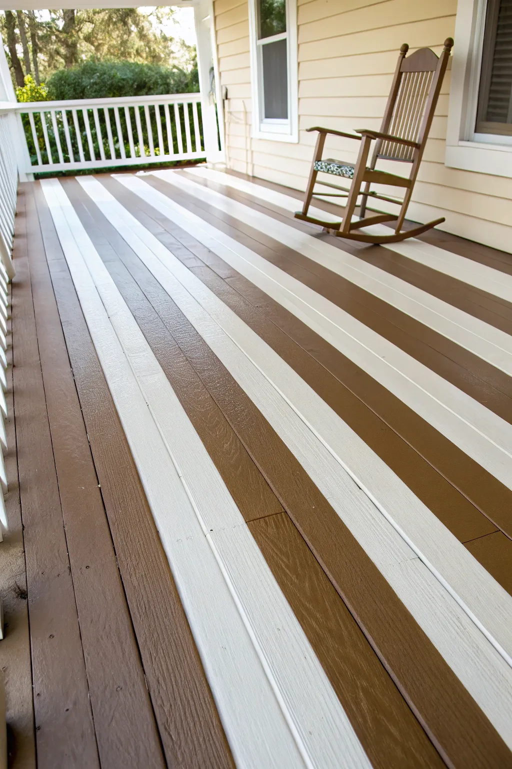 Wide neutral stripes on a porch floor create instant charm with minimal, cozy Scandinavian style