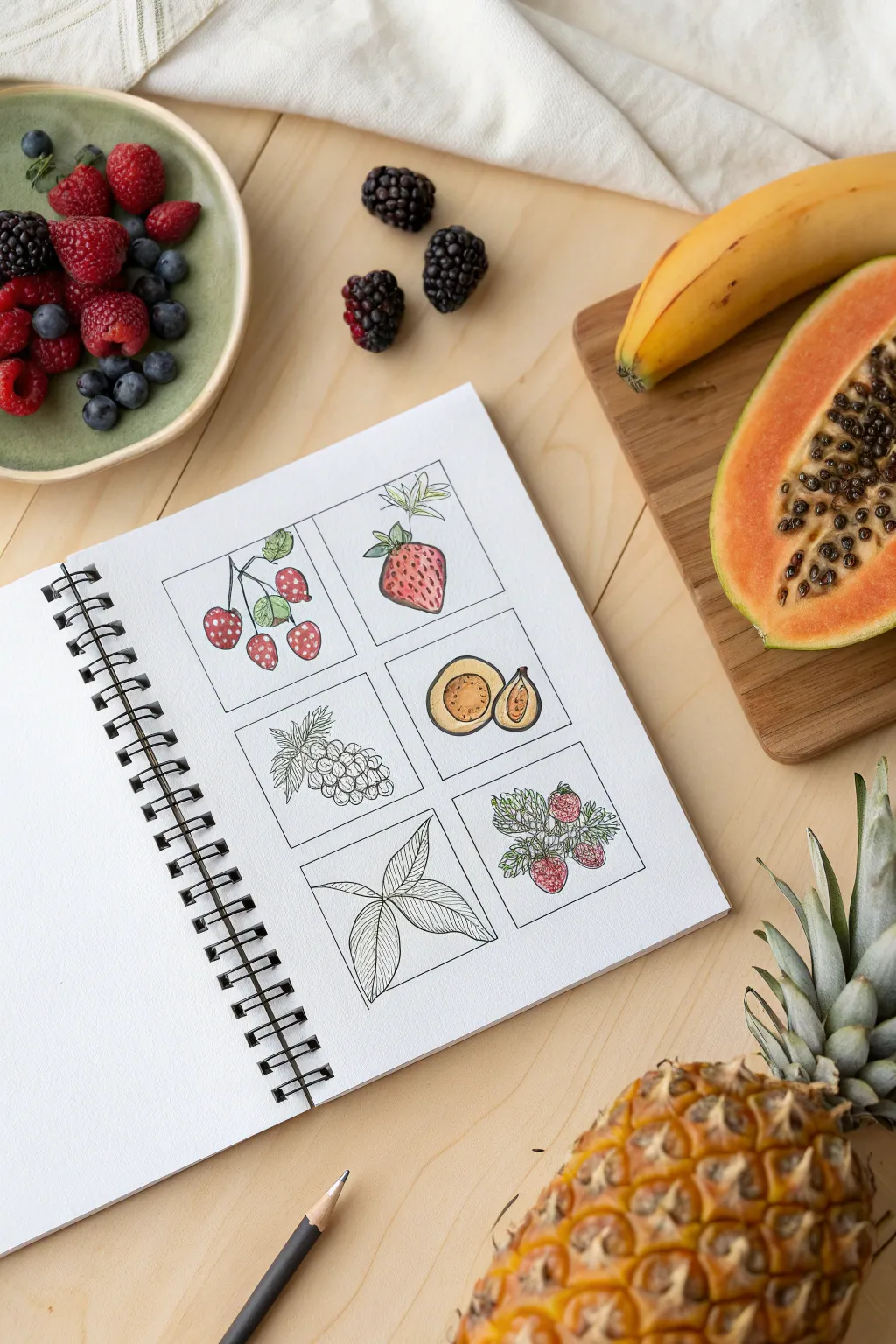 Minimal tropical fruit grid sketchbook page for clean drawing inspiration and color practice