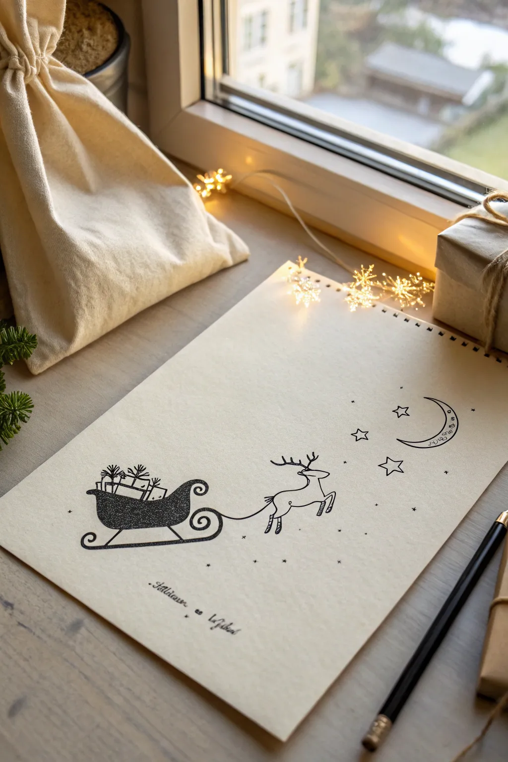 Minimal side-view Santa sleigh sketch with curled runners and a starry motion trail.
