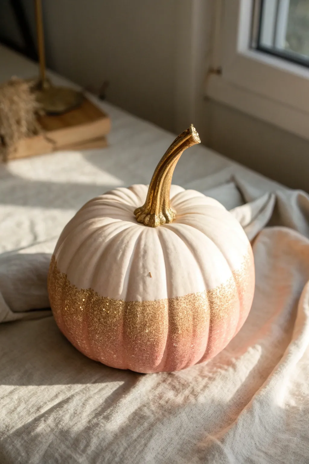 Glitter fade ombre pumpkin: matte base to sparkling stem for cozy minimalist boho fall vibes