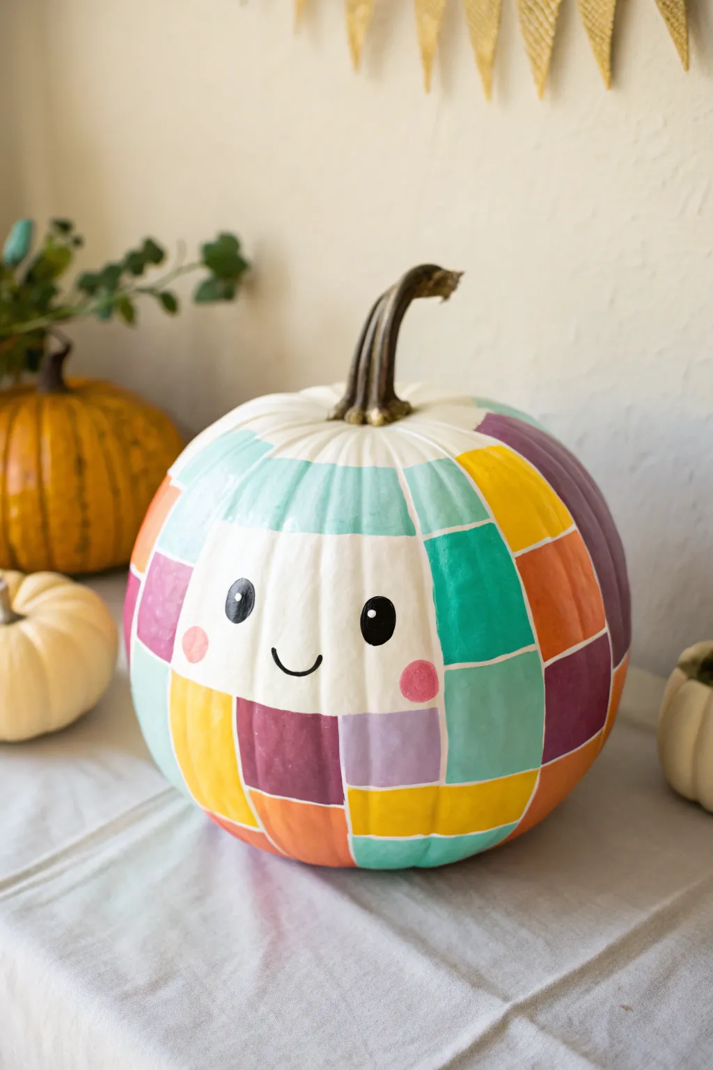 Candy-coated color block pumpkin with playful white face shapes in a clean Scandi boho setup