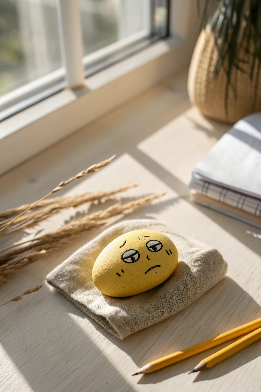 A grumpy pencil rock in crisp Scandinavian flat lay style, perfect for funny rock painting.