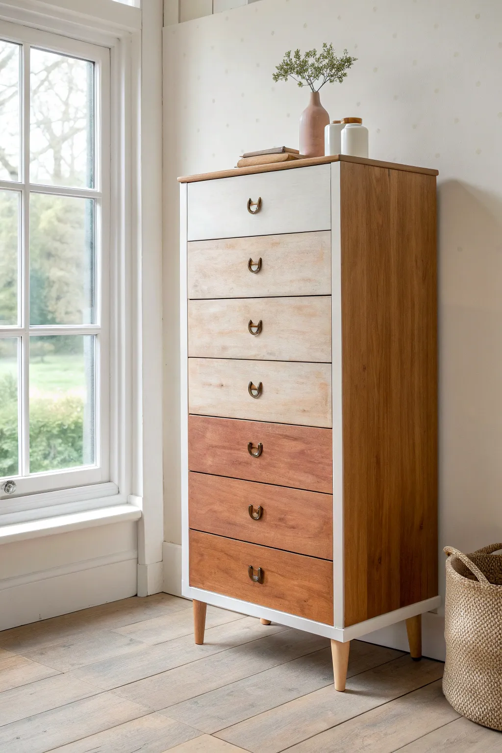 Ombre chest of drawers with a soft hand-painted gradient, minimalist Scandinavian boho vibe