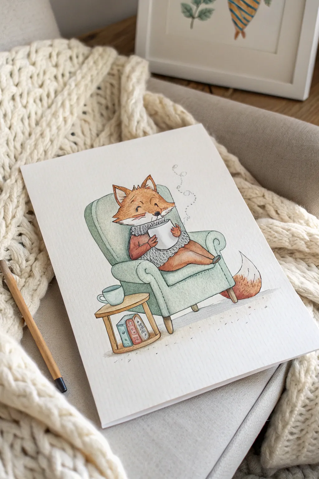 Cozy furry slice of life: a gentle fox making tea, soft fur shading in Scandinavian-boho calm.