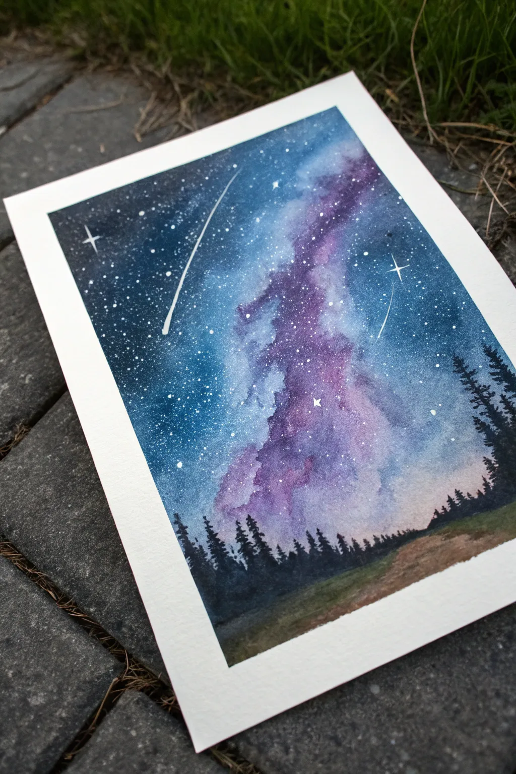 Minimalist galaxy painting featuring luminous shooting stars and pale blue comet trails in motion