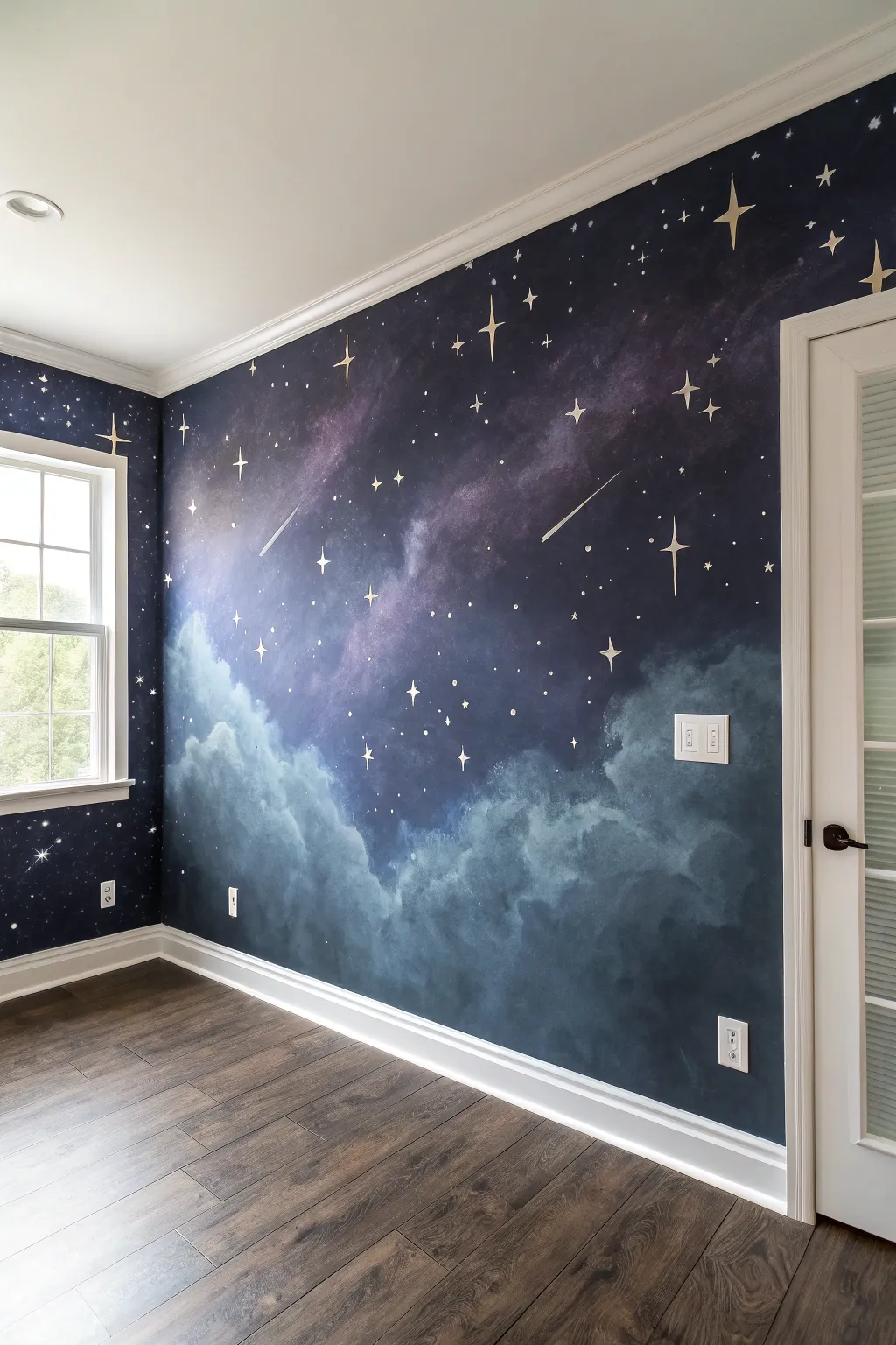 Day-to-night galaxy wall with subtle glow stars and a Milky Way streak for magical vibes