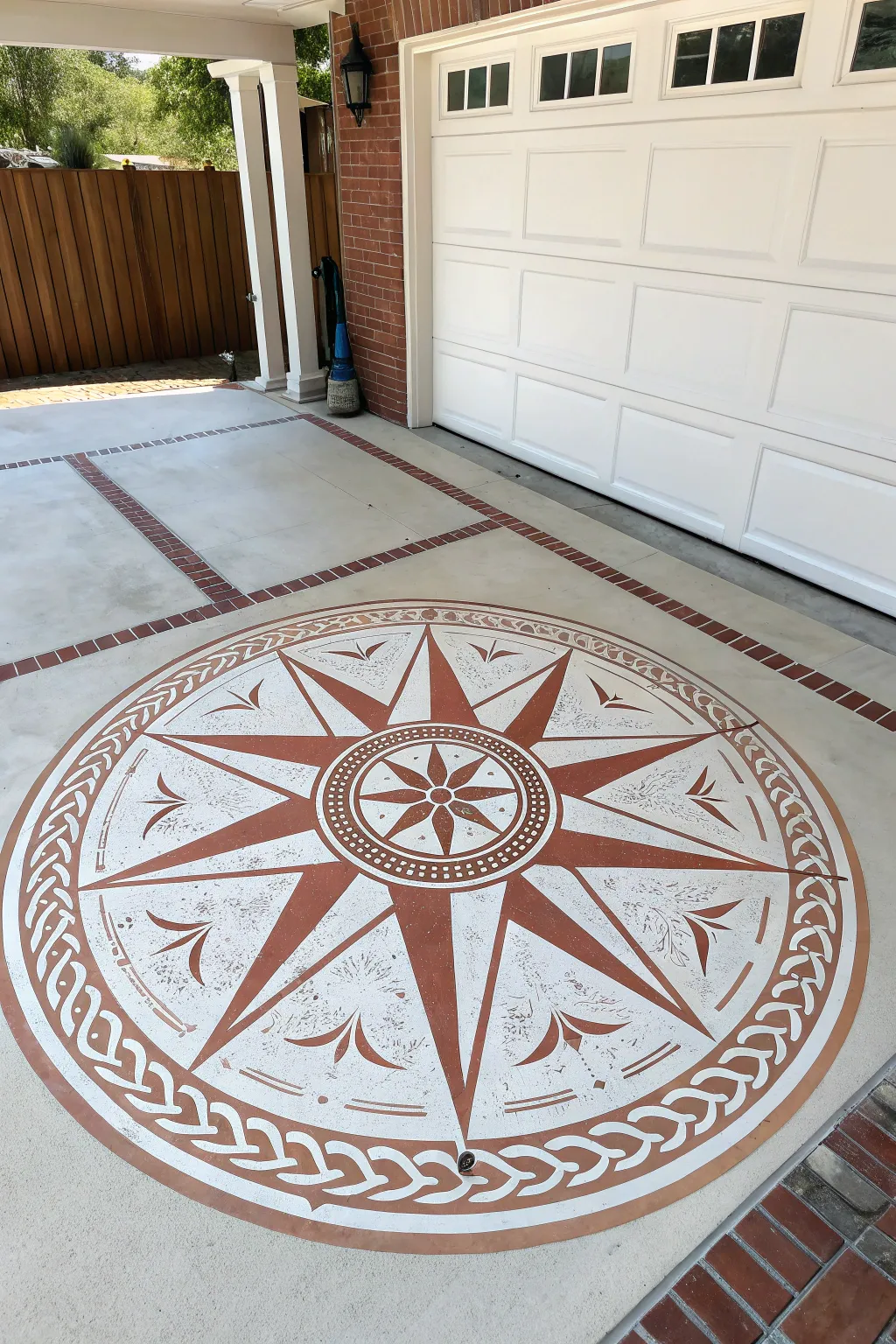 Stenciled medallion centerpiece that turns a simple garage floor into a minimalist focal point