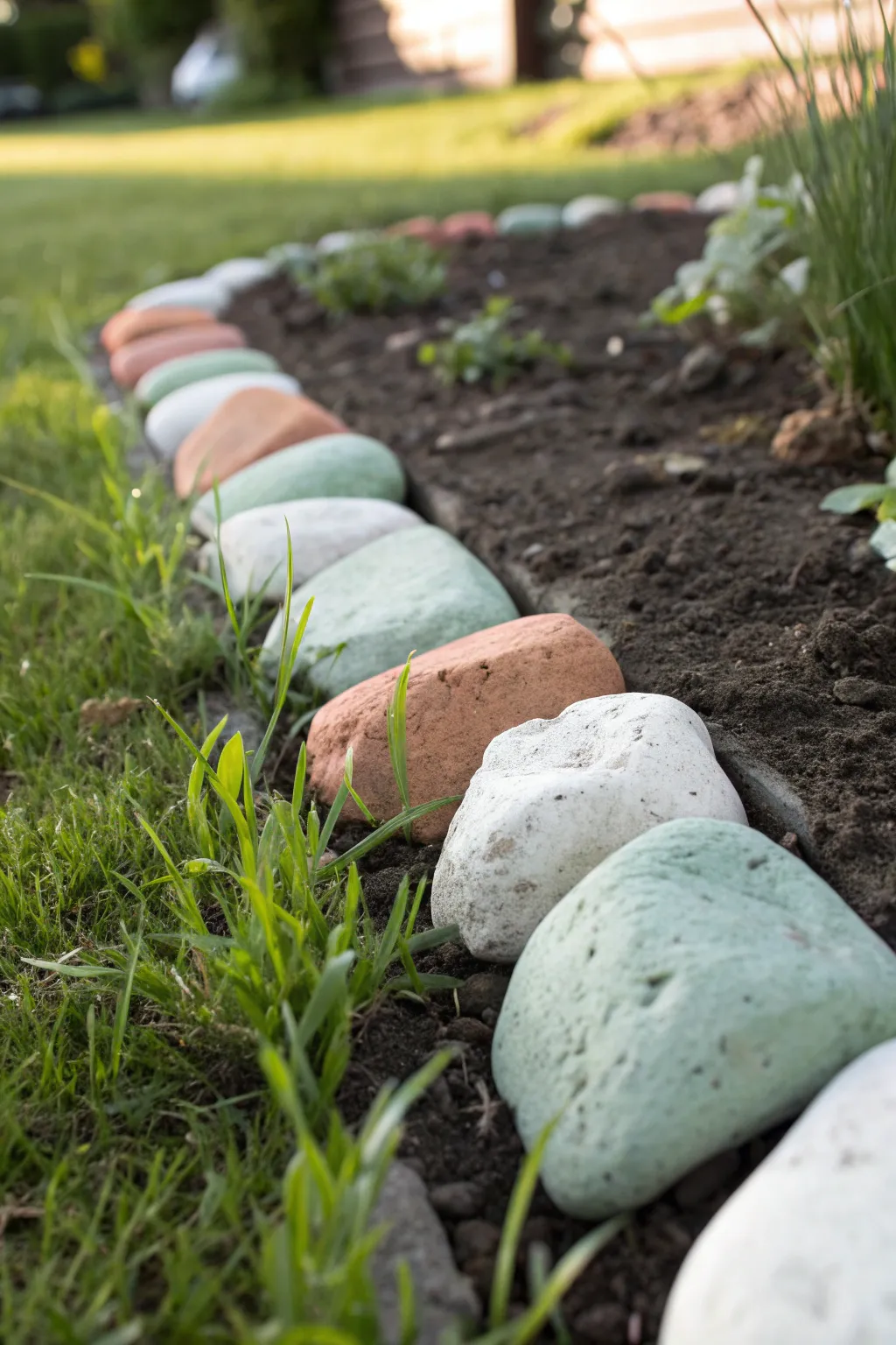 Minimalist color-blocked rock edging adds a clean, crafty border to any garden bed