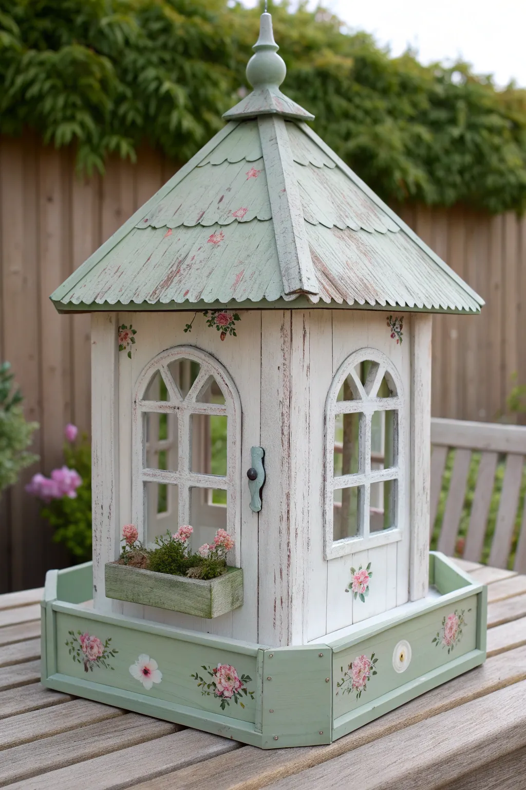Close-up gazebo birdhouse window panel with tiny painted flower boxes and visible brushwork detail