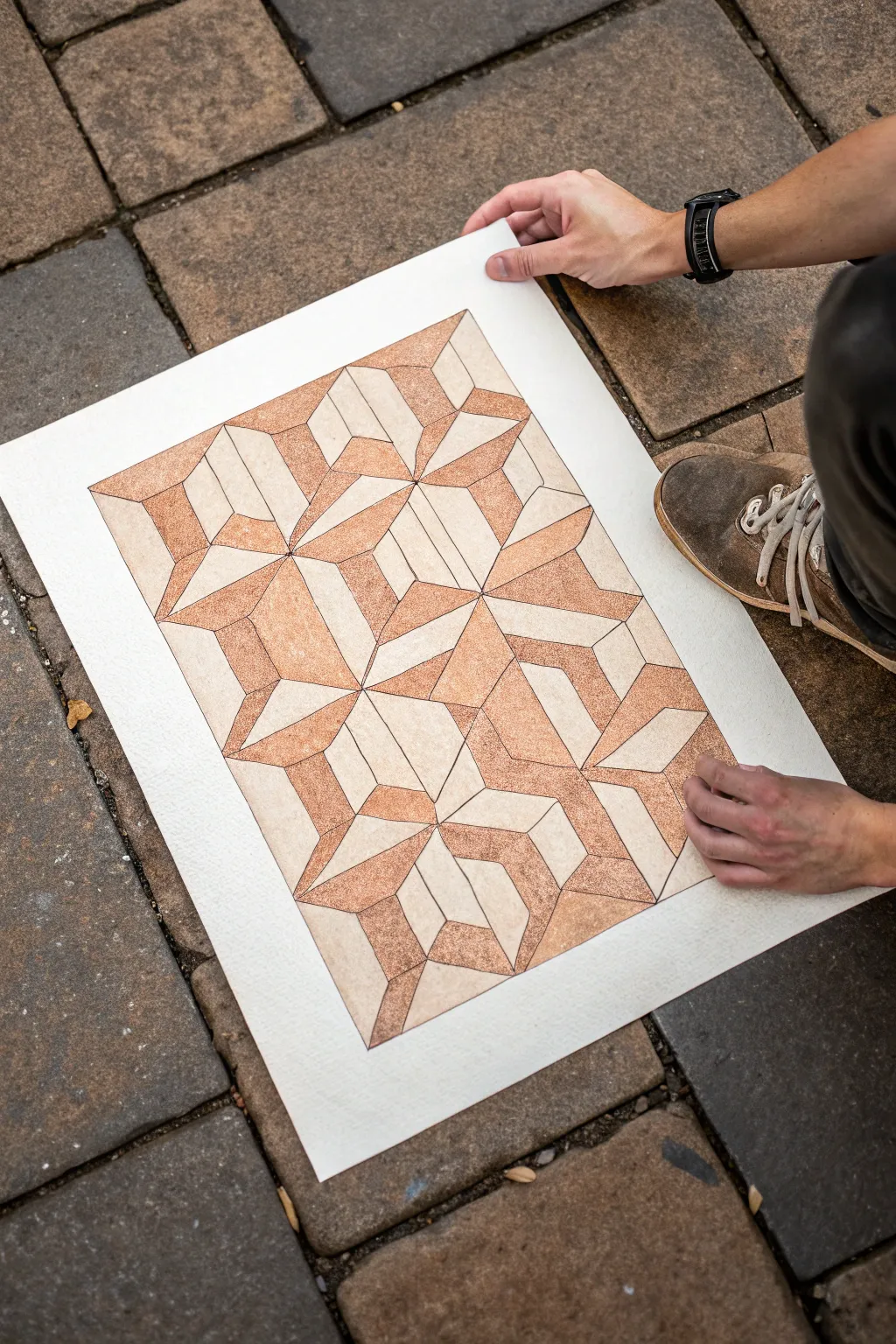 Isometric cube illusion in three earthy tones, minimalist geometry with a soft boho calm.