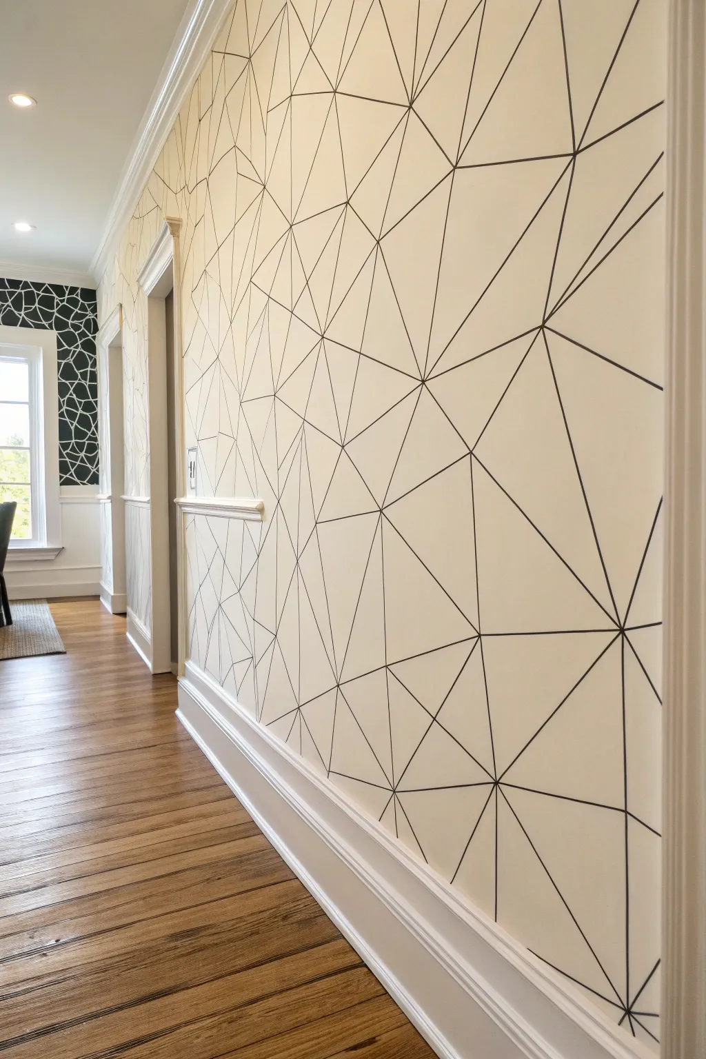 Thin-line geometric web wall paint with crisp contrast for a minimalist Scandinavian look