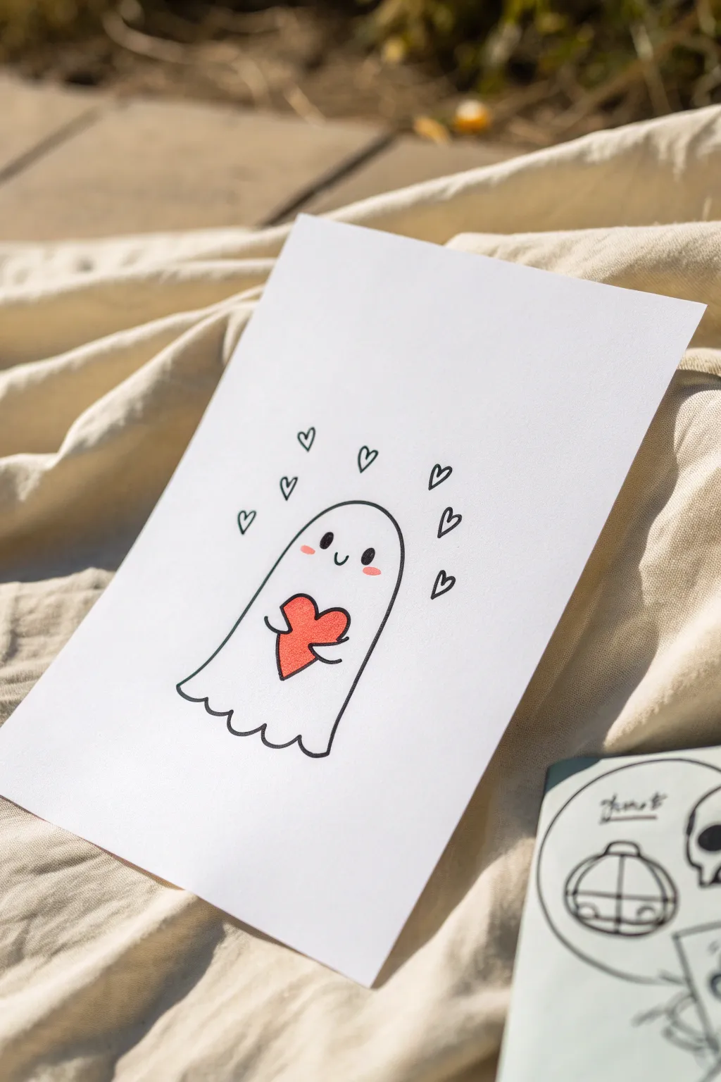 Minimal ghost holding a blush heart, clean lines and sweet spooky vibes for cozy sketching