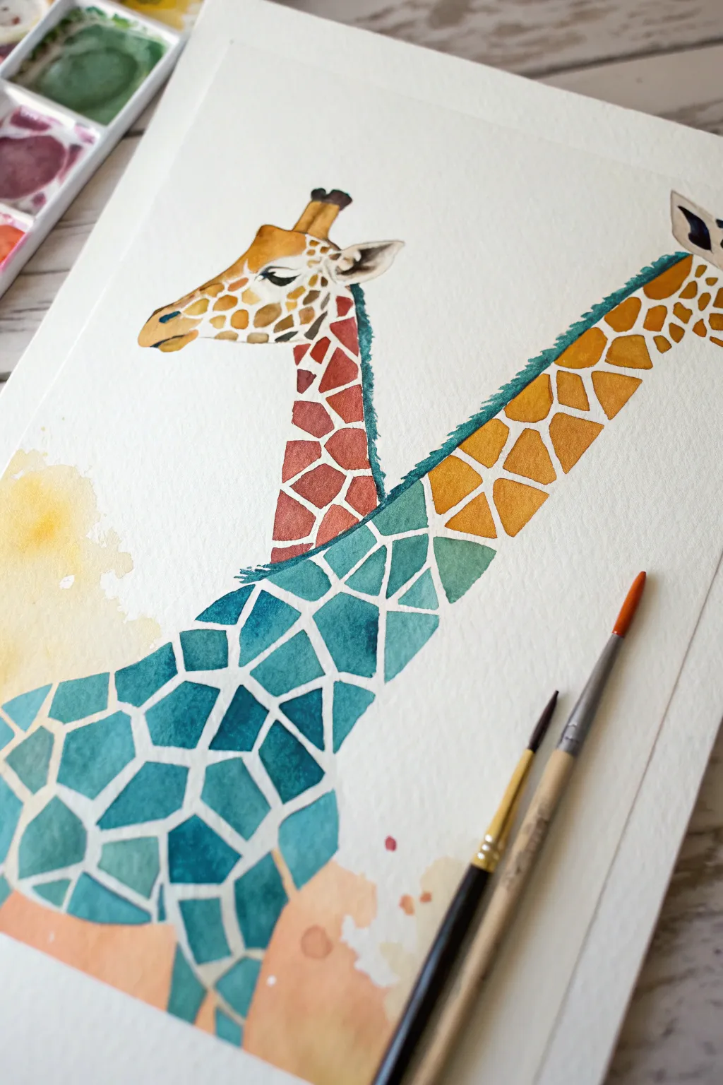 Geometric mosaic spots turn a minimalist giraffe into a chic Scandinavian-boho art piece.