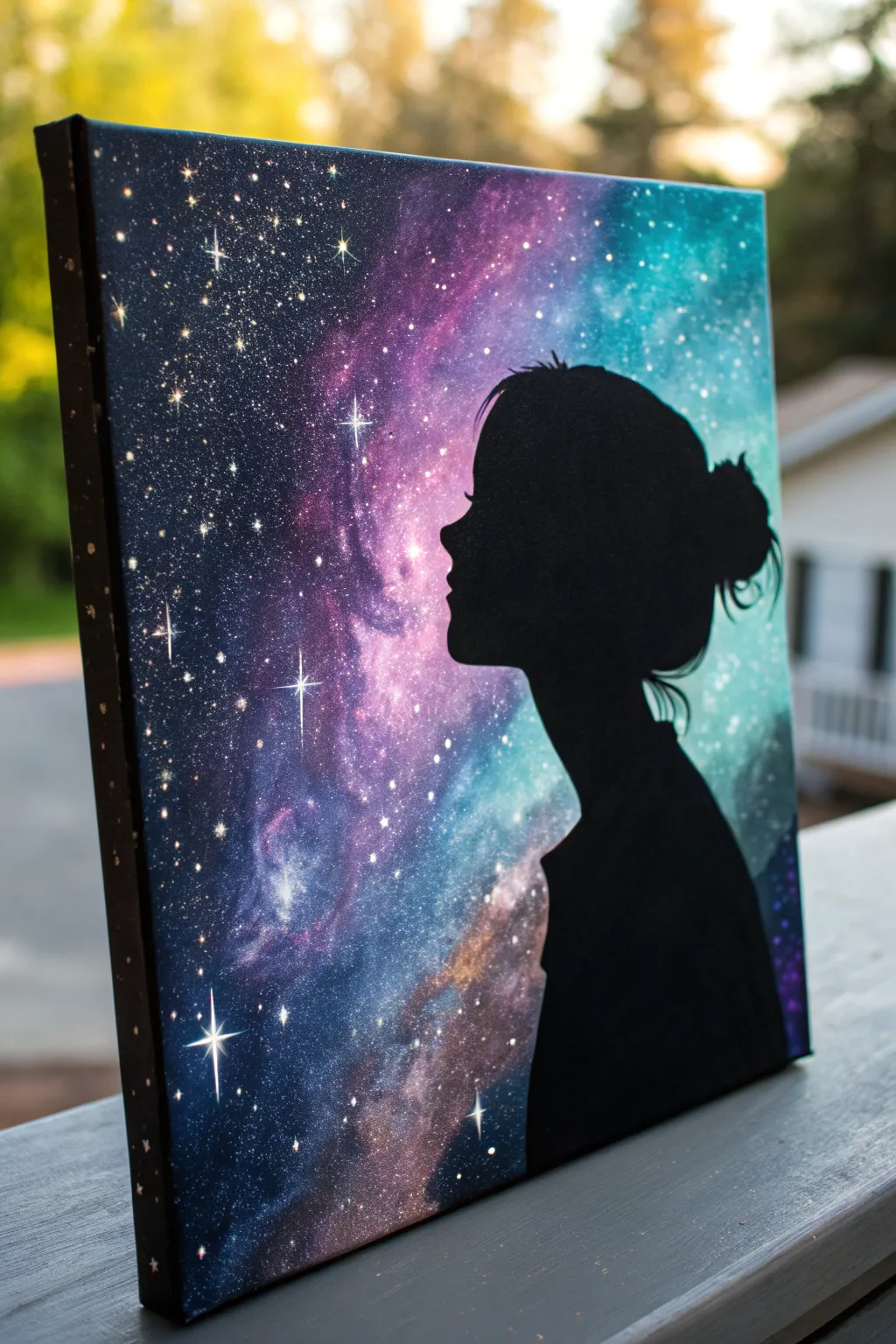 Minimal girl silhouette filled with dreamy galaxy colors on a dark canvas, clean and striking