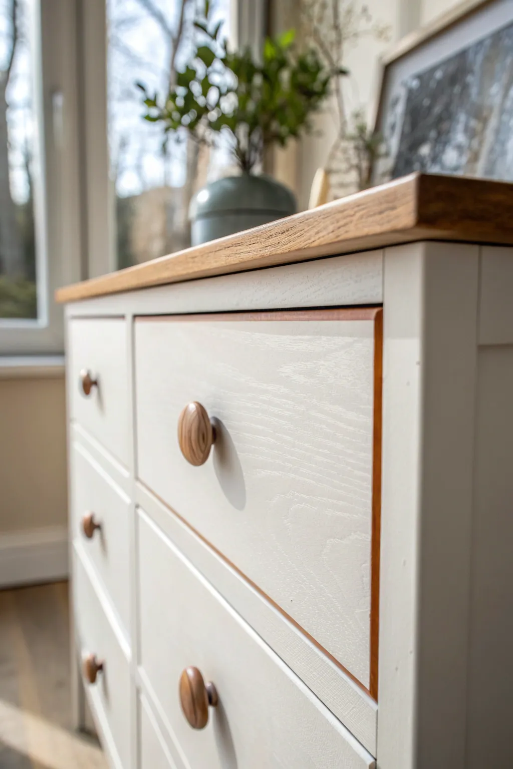 DIY color-dipped knobs add a playful modern twist to a soft neutral girl dresser.