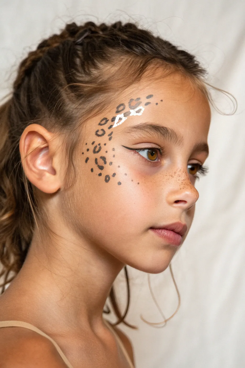 Glam leopard spots face paint with soft highlights, minimalist boho beauty in crisp focus.