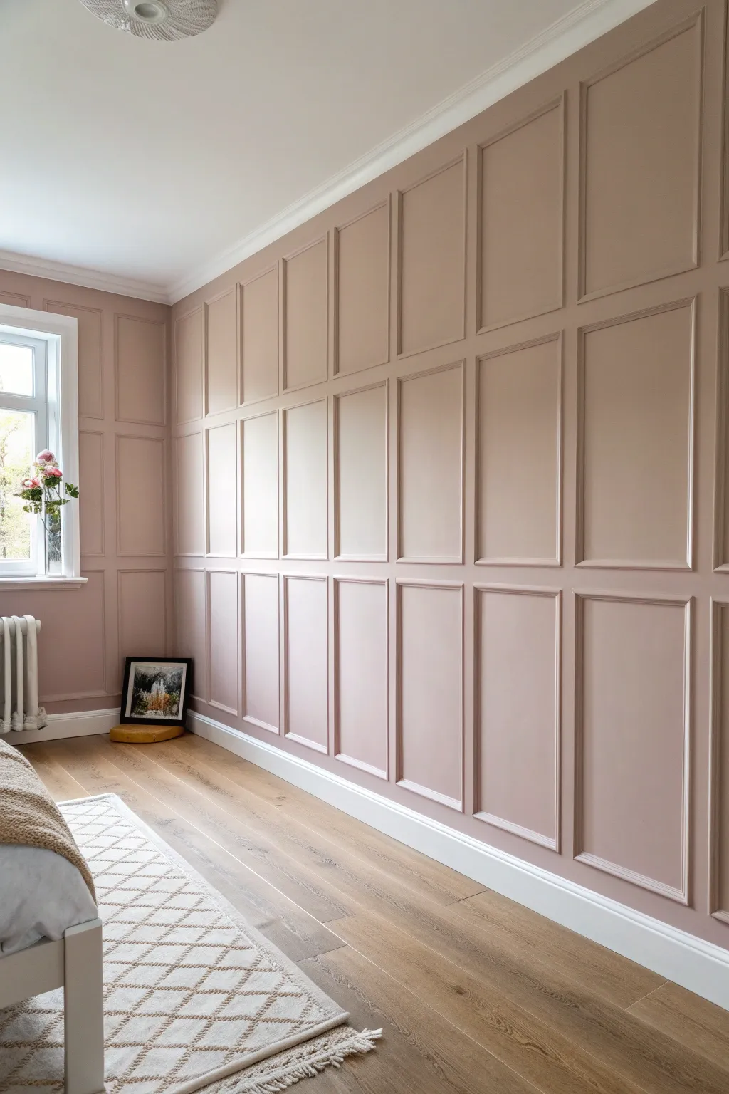 Soft one-color faux panels bring subtle structure to a girls room wall, no wallpaper required