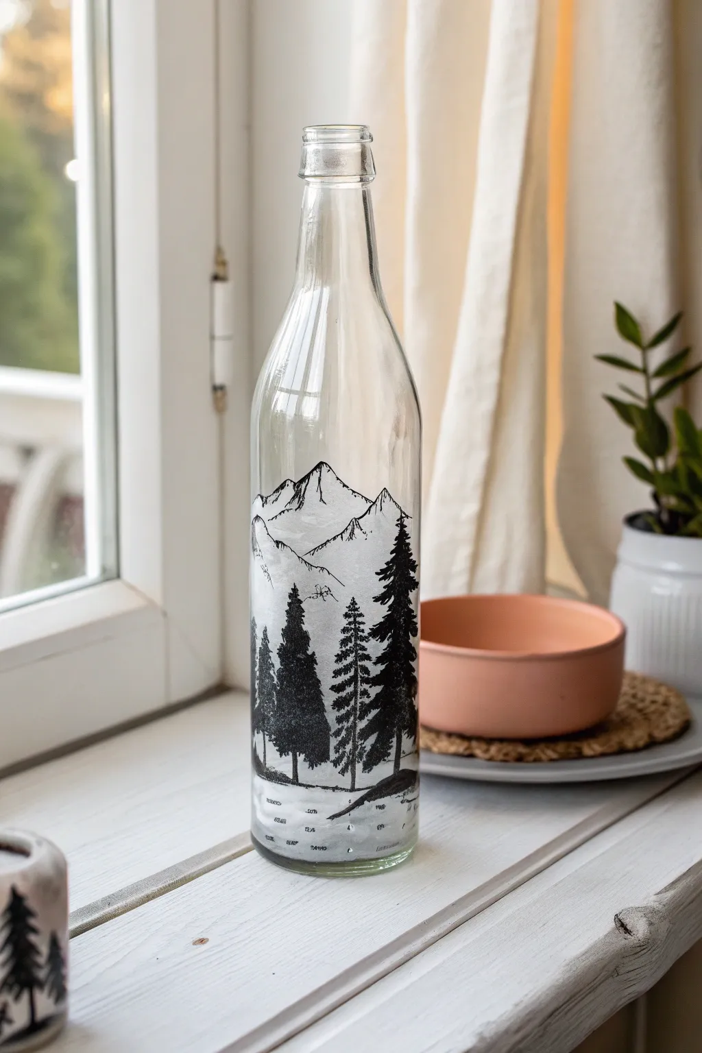 Glowing painted glass bottle with minimalist mountain silhouette, sunlit on a clean windowsill