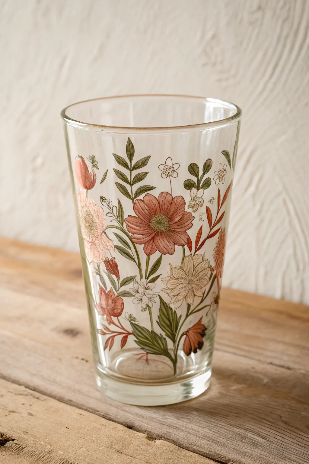 Reverse-painted florals inside a clear glass cup for a sleek, glossy minimalist finish.