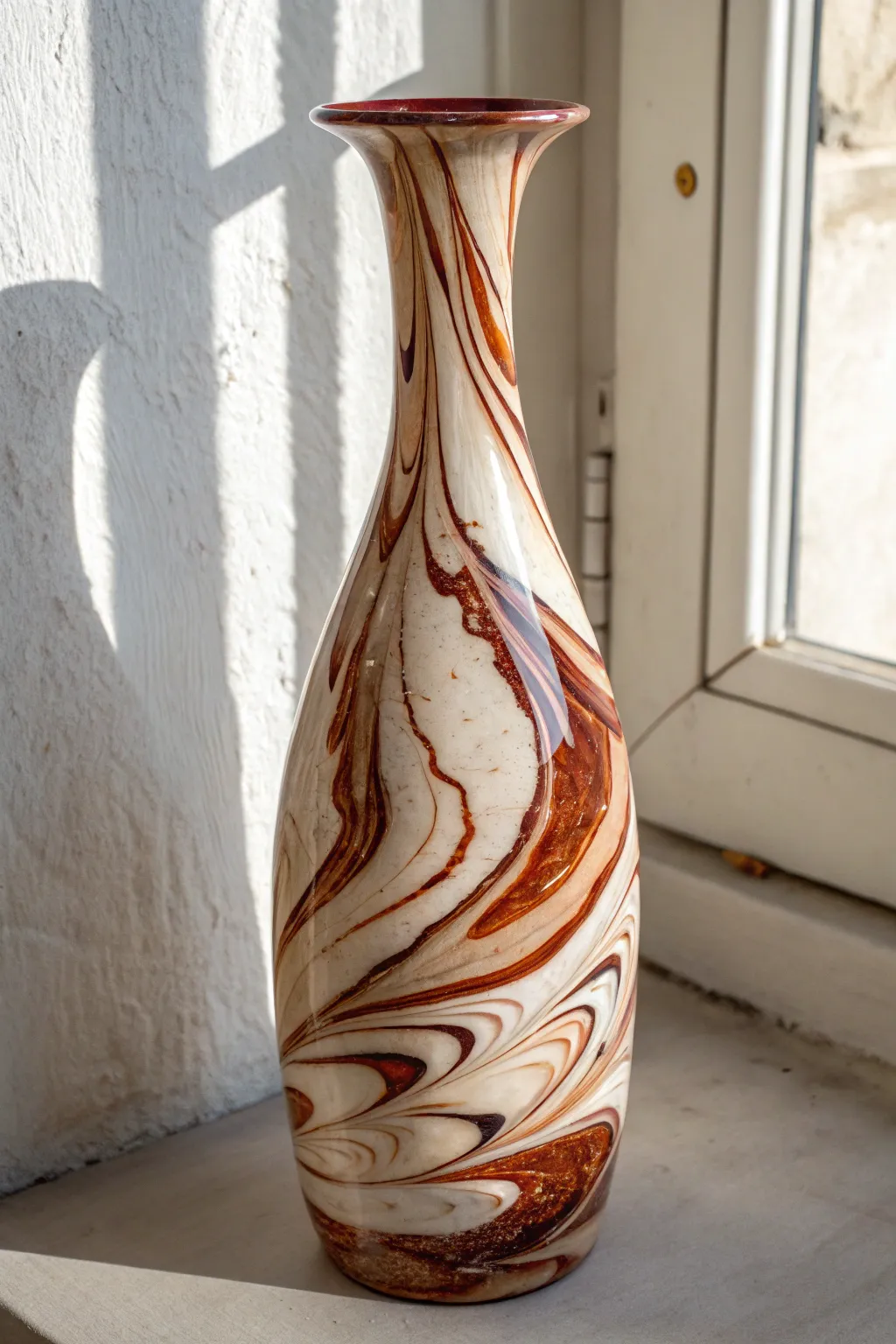 Marbled swirl-painted glass vase with stone-like veins, minimal Nordic mood and contrast.