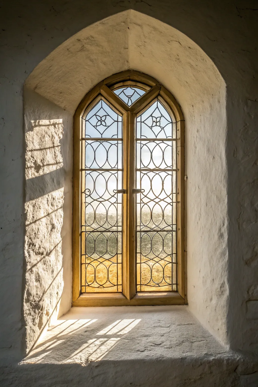 Leaded glass lines in golden light, a minimalist window design with vintage charm.
