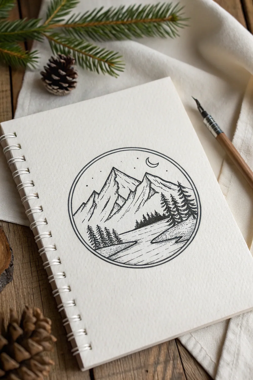 Crisp circle mountain scene drawing idea with pines and lake reflection in a calm minimalist style
