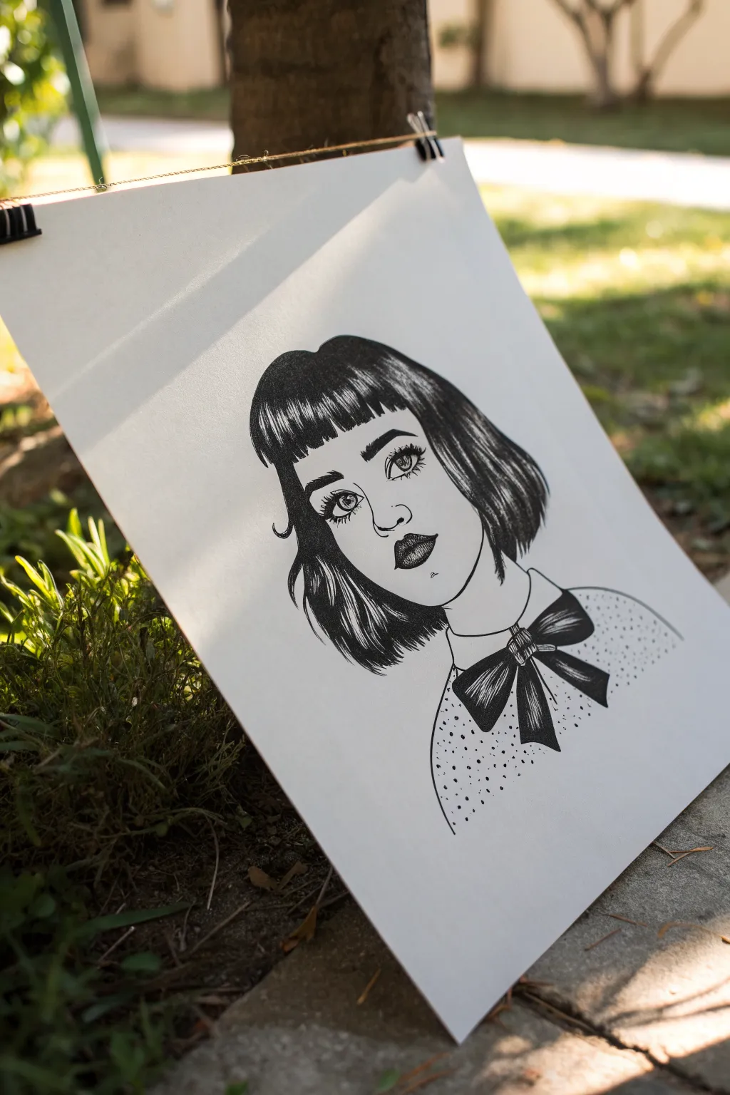 Minimal goth girl face sketch with bold shadow eyeliner and chunky black fringe for instant drama