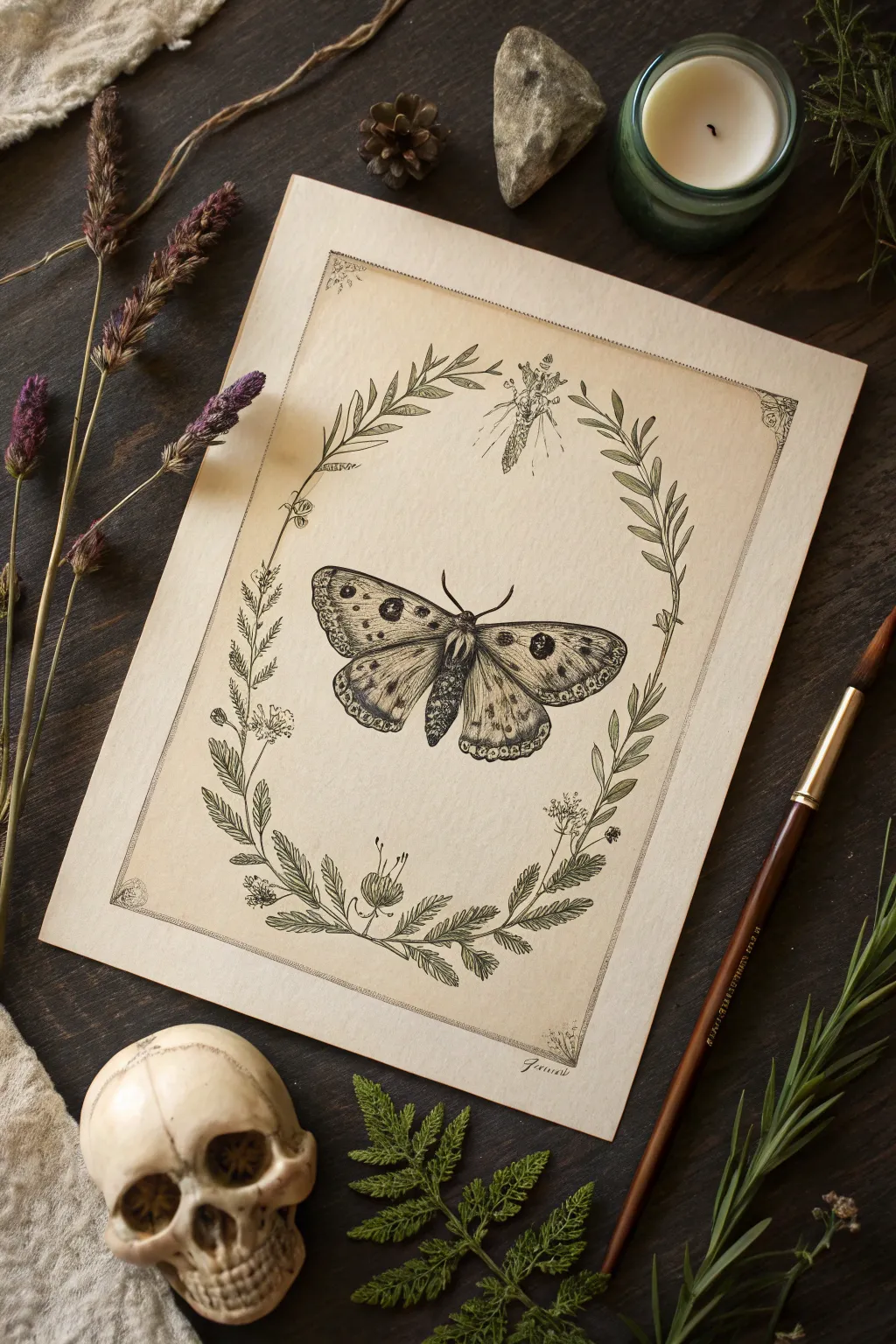 Gothic specimen plate: moth, tiny skull and dried botanicals in moody minimalist tones.