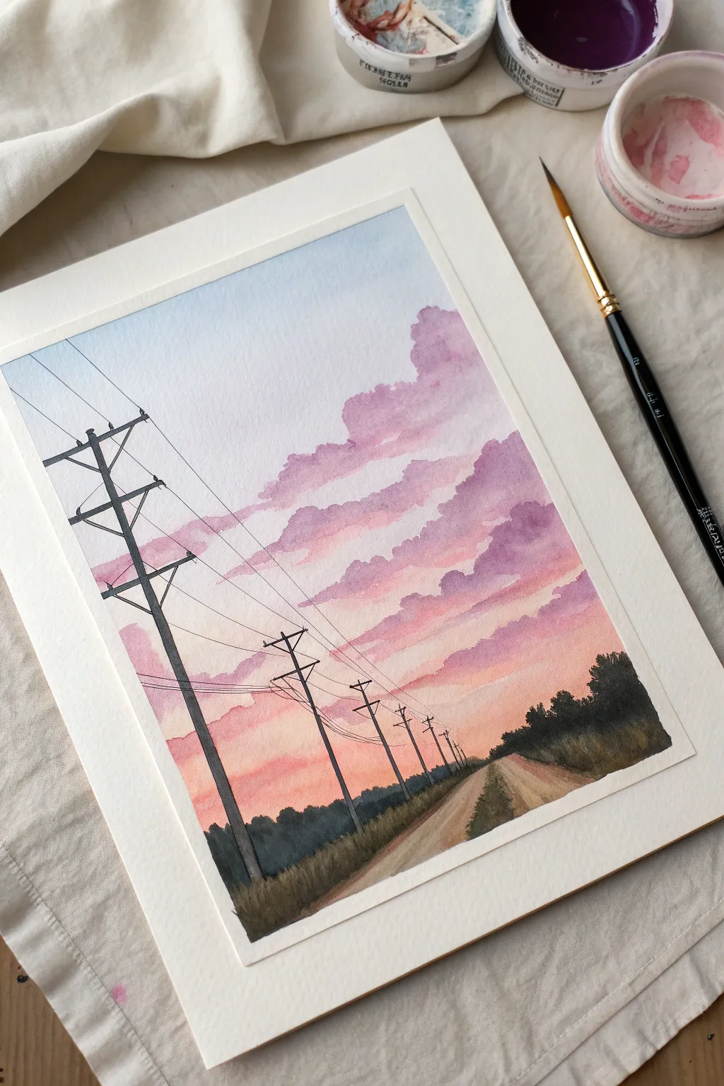 Simple gouache study: bold power lines over a dreamy pink-to-purple cotton-candy sky