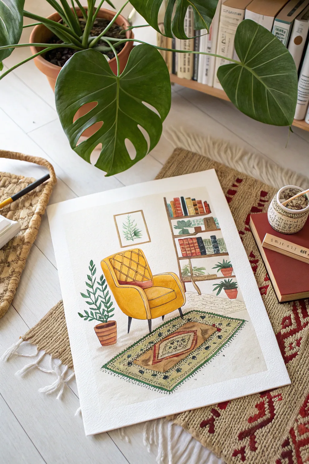 Transform blank paper into a cozy sanctuary with this boho interior gouache painting idea.