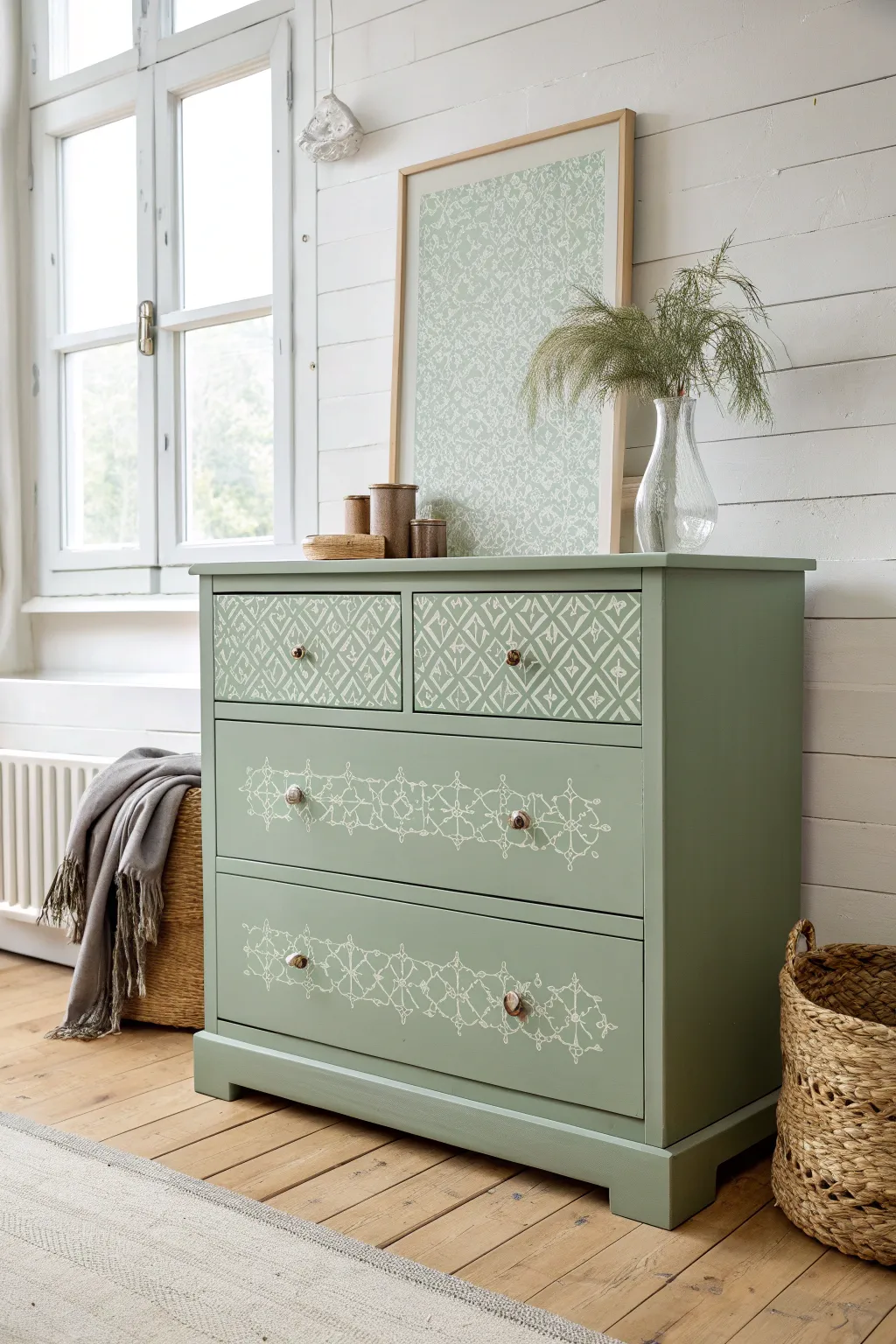 Tone on tone stencil detail on a sage green dresser for soft Scandinavian boho charm