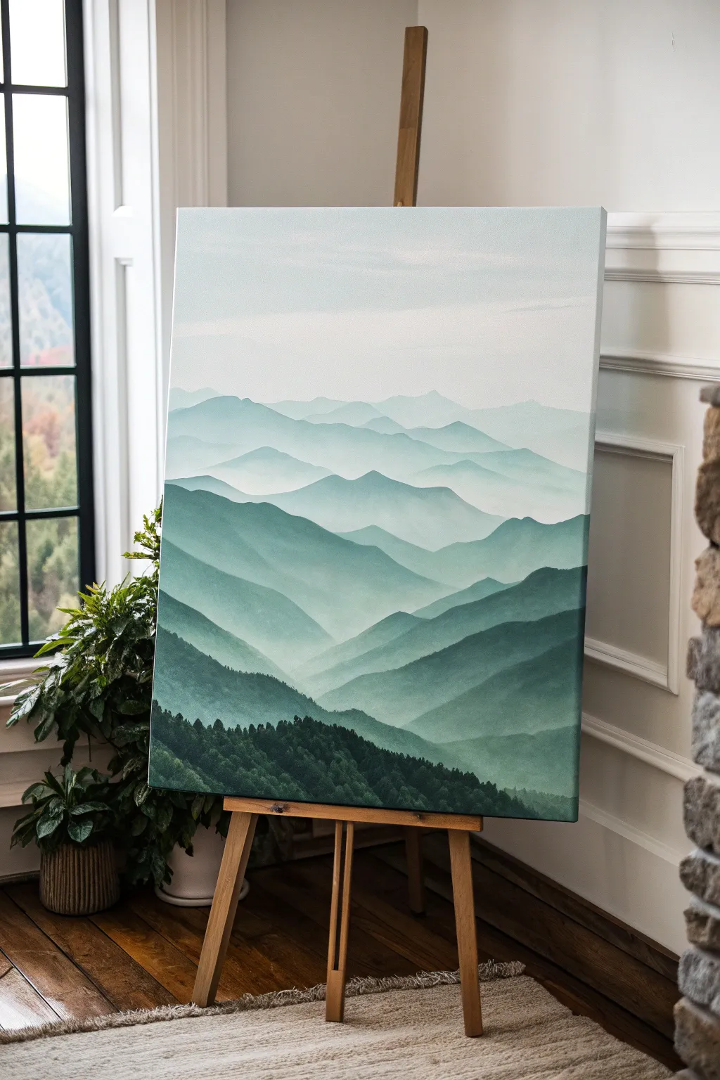 Calm green-gray mountain layers with misty fog bands, minimalist canvas painting idea