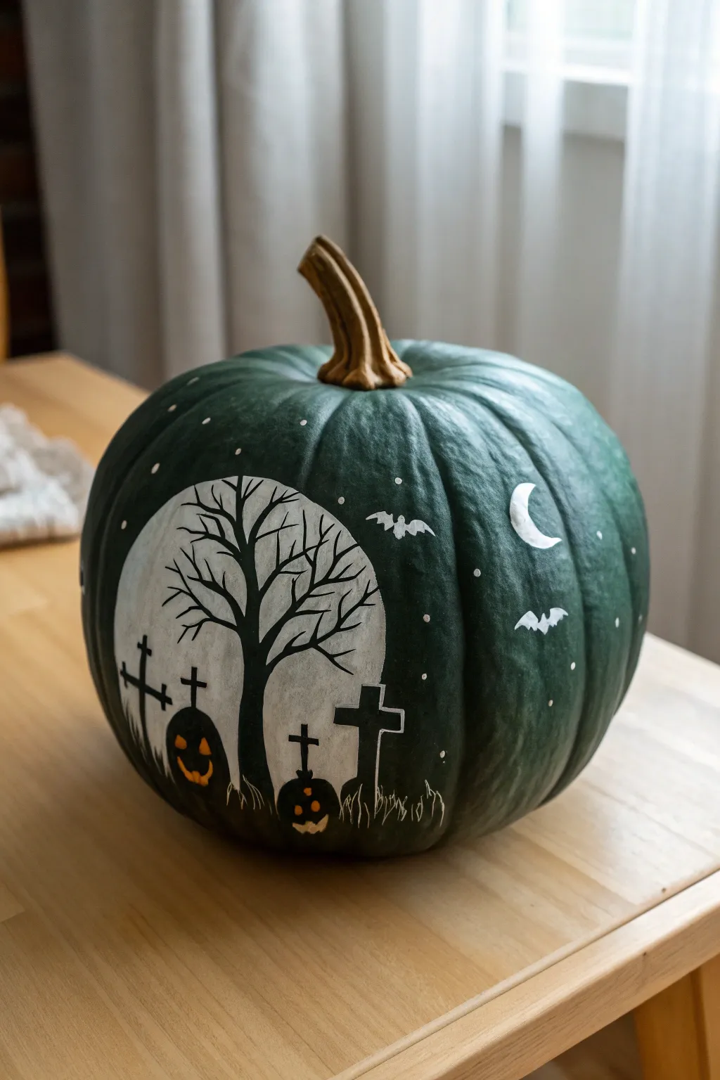 Haunted graveyard silhouettes on a deep green pumpkin, minimalist boho spooky elegance