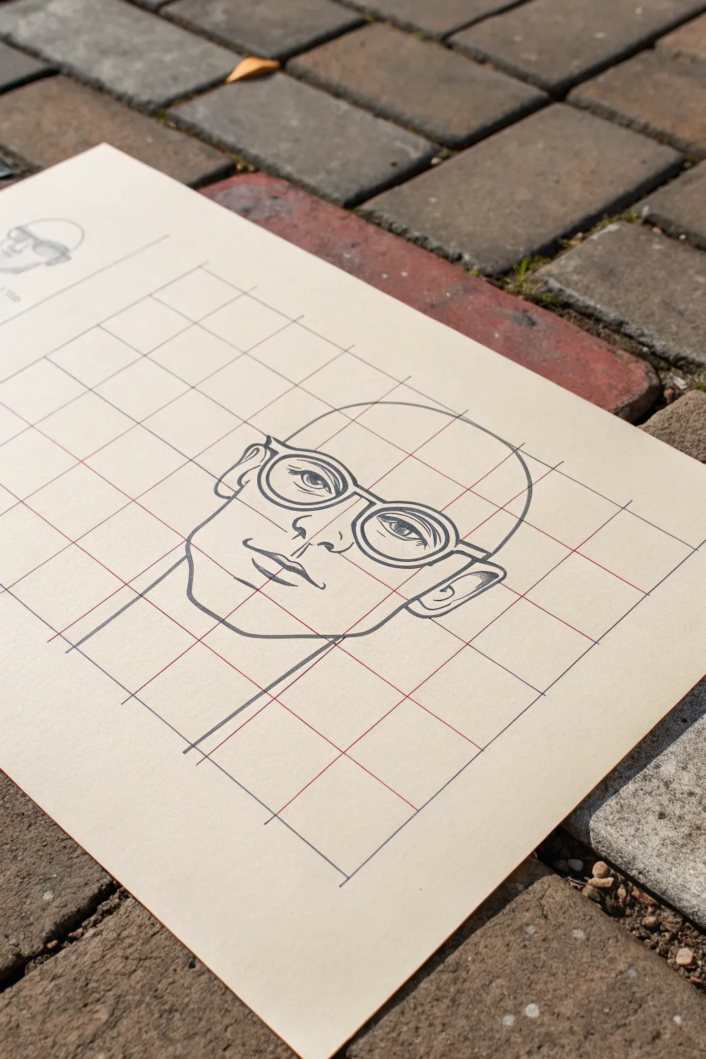 Minimal grid portrait with glasses, bold lines and soft paper tones for easy drawing practice.