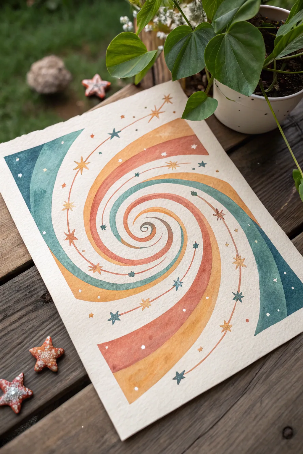 Groovy swirl portal in warm tones and teal, with tiny stars, daisies, and mushrooms